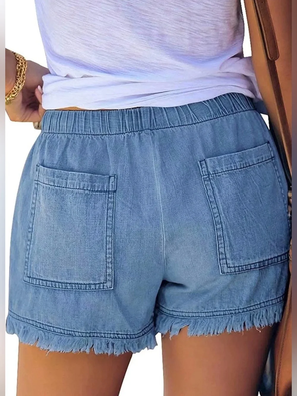 Denim Drawstring Frayed Hem Shorts Lightweight Chambray Beachy Boho Large NWOT